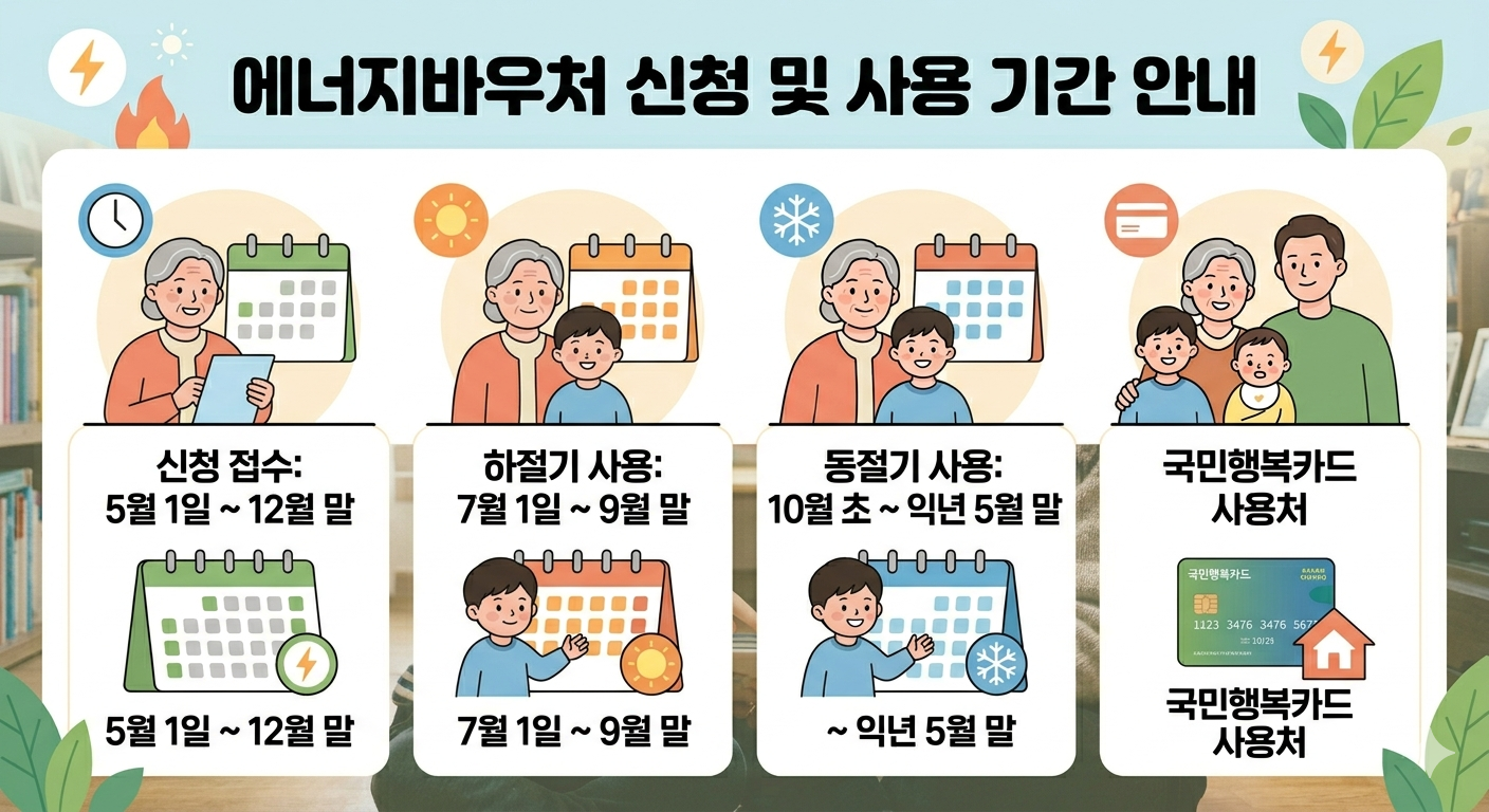 에너지바우처 신청 기간 및 사용 기간 안내, 신청 접수일부터 동절기 종료일까지의 구체적인 날짜 가이드