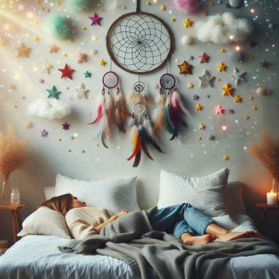 사람의 방에 드림캐처와 함께 다양한 구름 모양이 장식되어 있다.