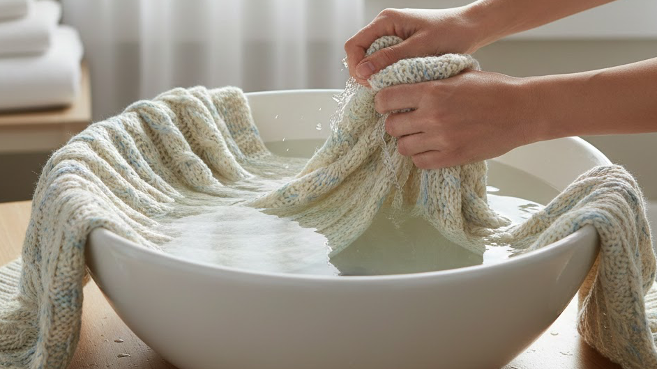 미지근한 물에 니트를 담궈서 빠는 사진