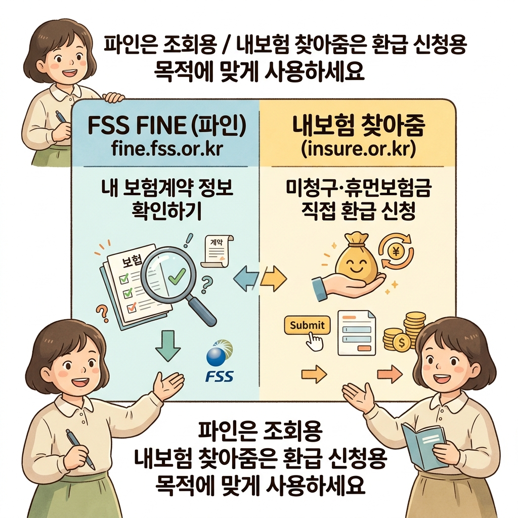 금융감독원 파인 내보험찾아줌 차이 비교 조회 환급 신청