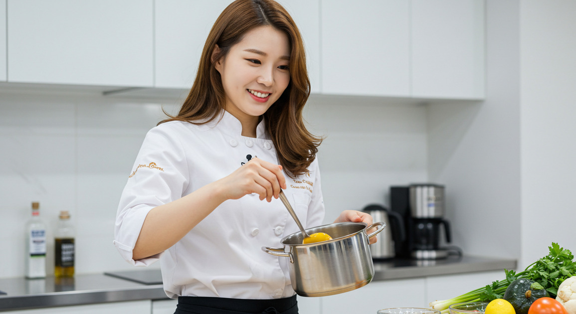 코인육수로 만드는 초간단 요리하는 여성 요리사 이미지