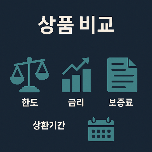 햇살론 상품을 비교할 수 있는 안내 이미지로, 한도, 금리, 보증료, 상환기간 등 주요 조건을 한눈에 확인할 수 있도록 구성되어 있습니다.