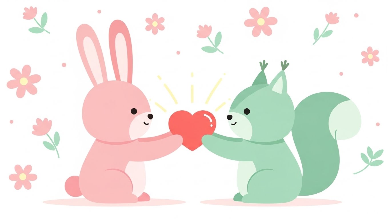 다람쥐 친구와 빛나는 하트 심볼을 주고받으며 따뜻하게 교감하는 토끼 캐릭터 일러스트