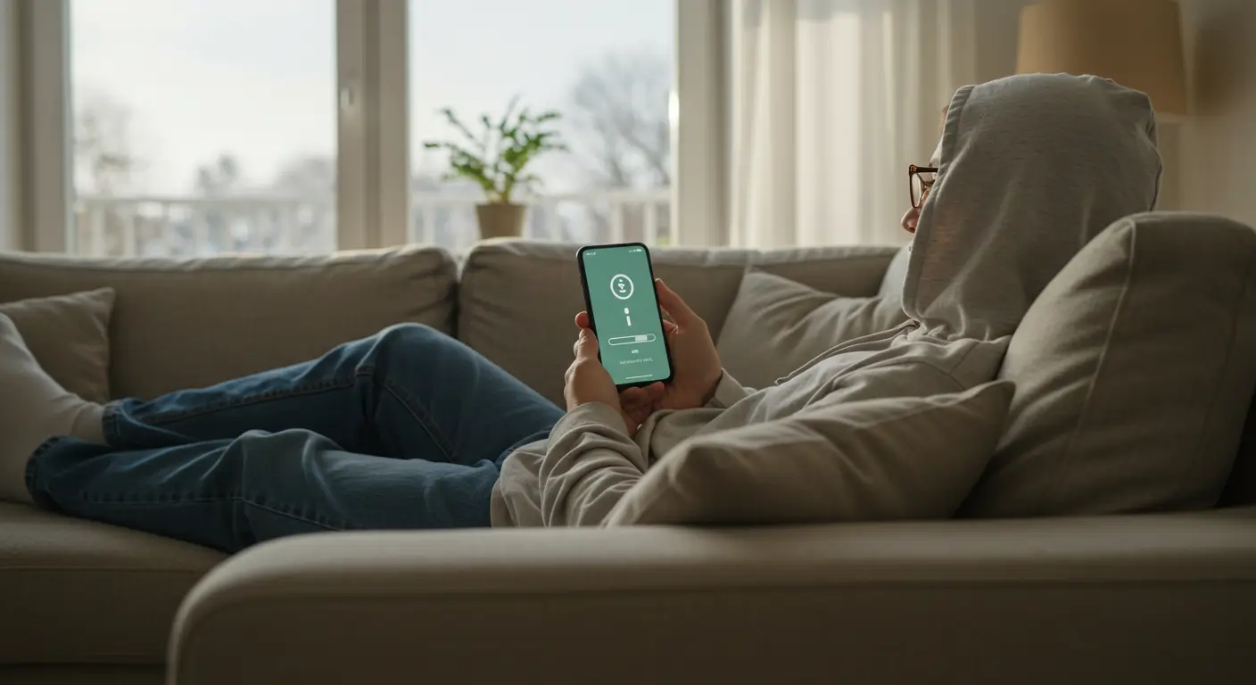 채무통합 후 스마트폰으로 간편하게 부채를 확인하며 미소 짓는 모습