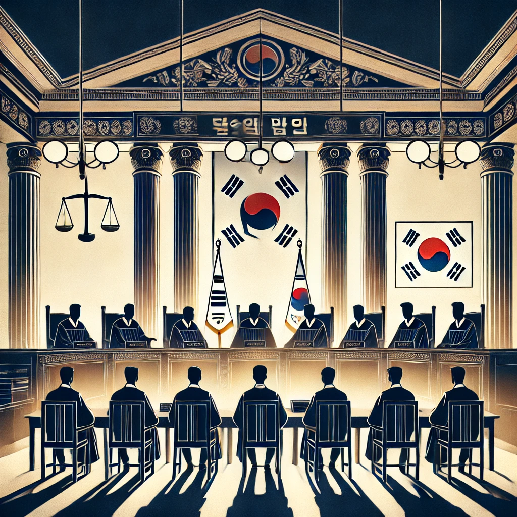 극적인 조명 아래 국기가 걸린 헌법재판소 심판 장면 
