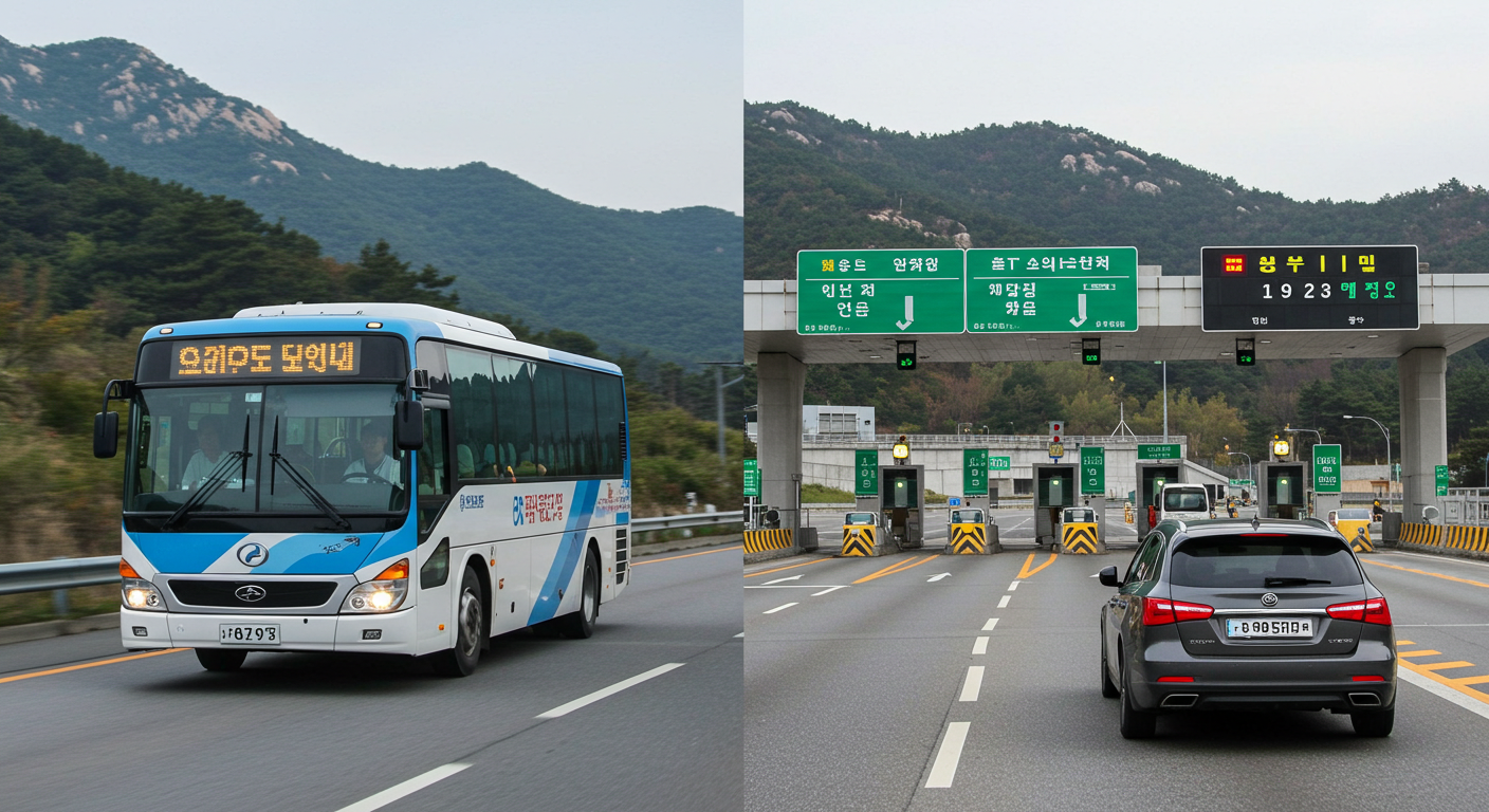 시외버스와 자동차 운행 모습을 비교하는 이미지.