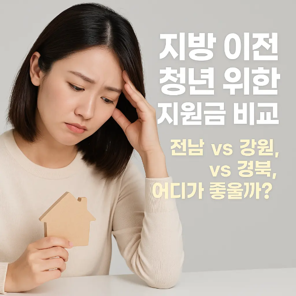 집 모양 소품을 들고 고민하는 표정의 청년 여성과 '지방 이전 청년 위한 지원금 비교 - 전남 vs 강원 vs 경북, 어디가 좋을까?'라는 텍스트가 함께 있는 이미지