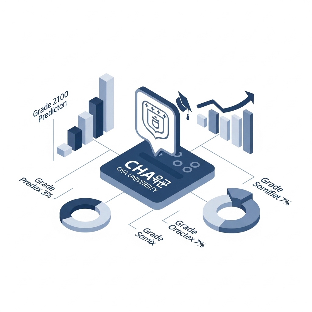차의과학대학교를 상징하는 3D 인포그래픽, 복잡한 입시 데이터를 시각화하여 2026학년도 정시 등급 예측의 어려움을 표현함.