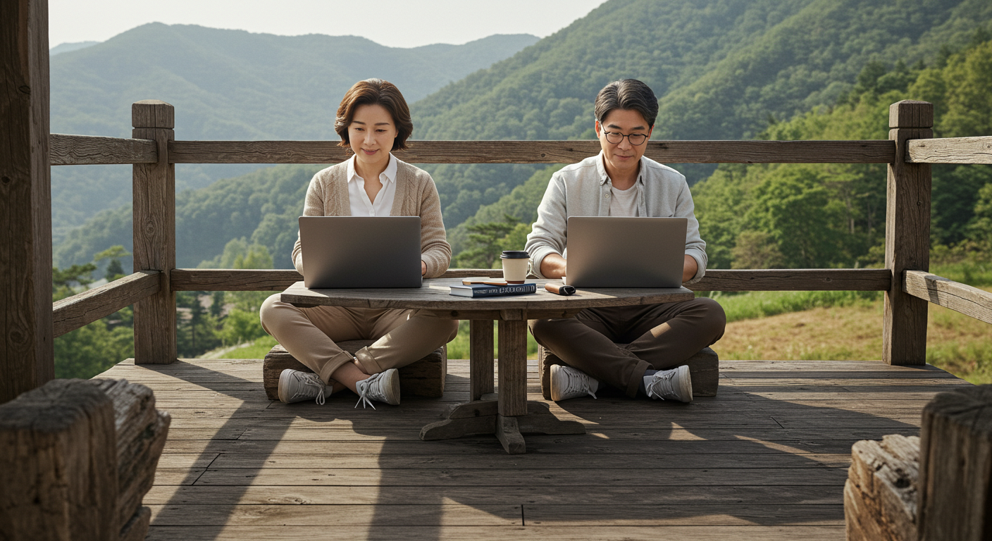 야외에서 노트북으로 일하는 부부