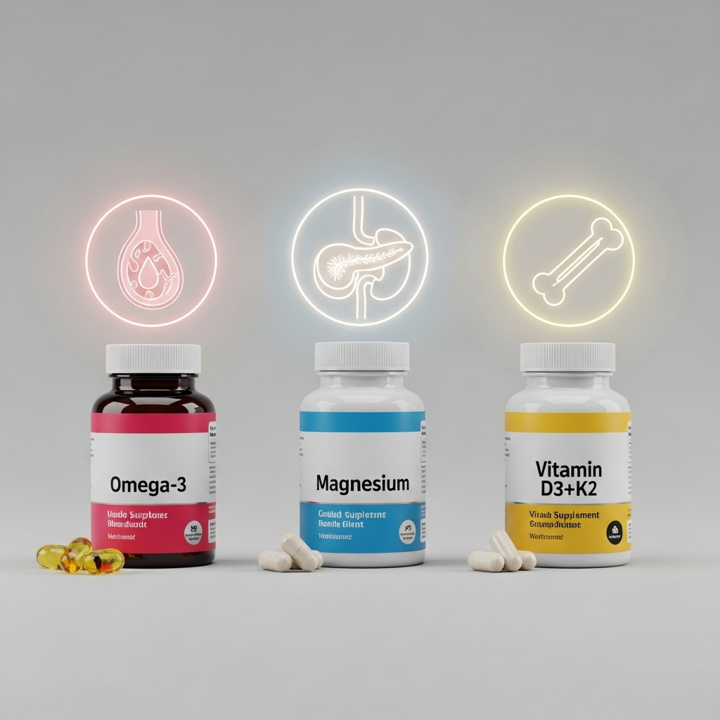 오메가-3, 마그네슘, 비타민D 영양제 병 3개가 나란히 놓여있고, 각 병 뒤로 혈관, 췌장, 뼈 아이콘이 후광처럼 비치는 상징적인 이미지