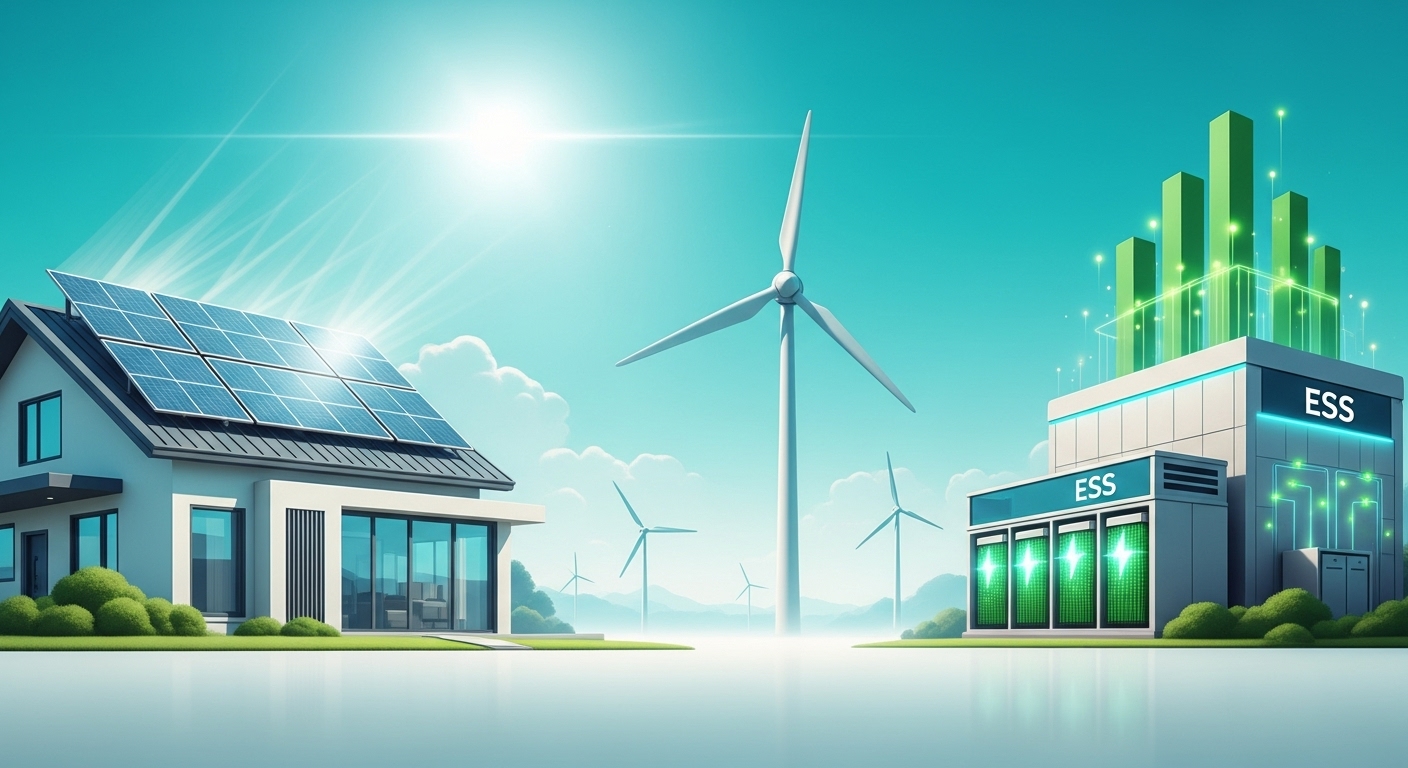 2026년 신재생에너지 보조금 확대로 태양광 패널이 설치된 주택과 바람개비가 돌아가는 풍력 발전기, 에너지 저장 장치(ESS)가 조화롭게 어우러진 미래 도시의 모습. 녹색 에너지 전환의 희망을 상징하는 밝고 현대적인 이미지.