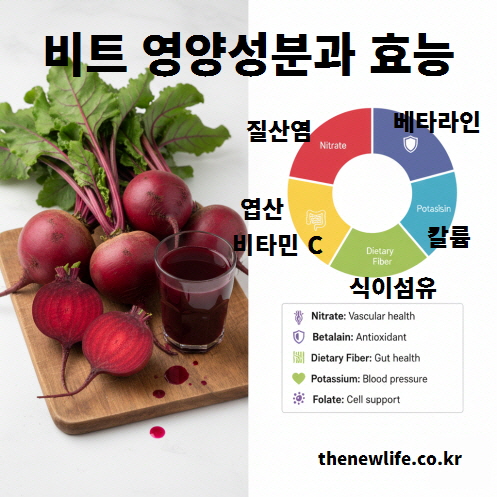 비트 효능과 관련된 질산염, 베타라인, 식이섬유, 칼륨 등 주요 영양성분을 한눈에 정리한 이미지