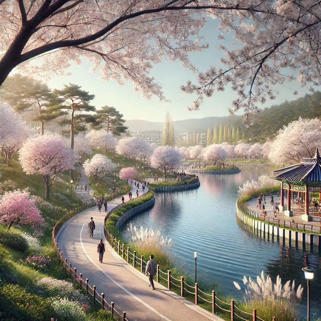만석공원 호수와 벚꽃 이미지