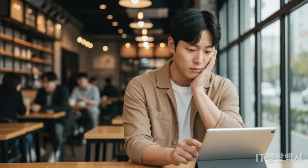 카페에서 스마트 보안 카메라로 집안을 확인하는 한국 남성의 모습