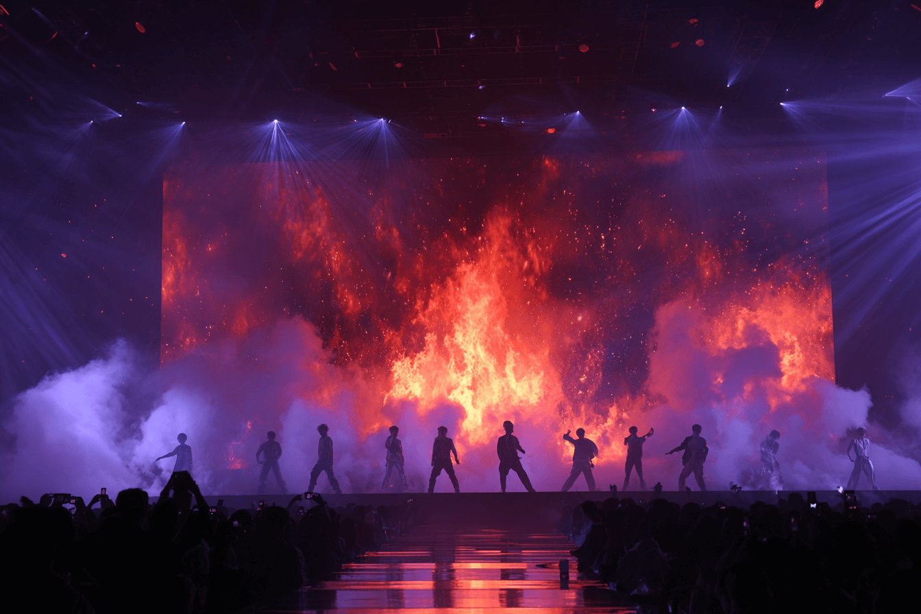 폭발적인-무대-연출과-춤을-추고-있는-남성-아이돌-그룹