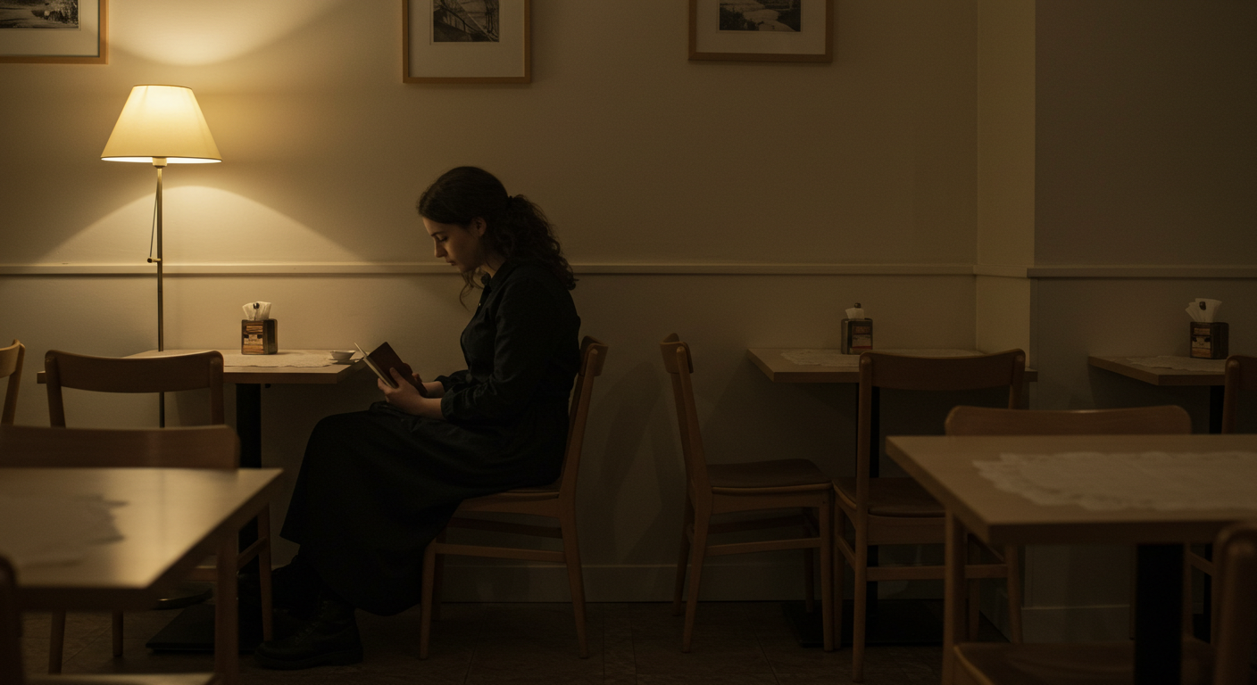 유럽 아트하우스 영화의 조연 캐릭터가 미니멀한 의상을 입고 아늑한 카페에 앉아 있는 모습