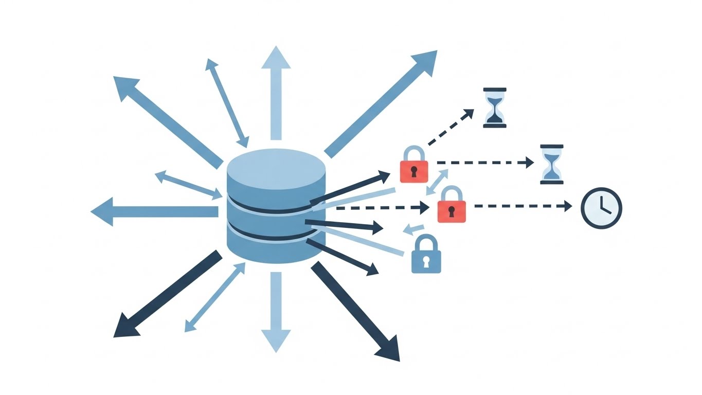 데이터베이스 쿼리 지연과 락으로 인해 서비스 응답이 느려지는 상황을 나타낸 구조도