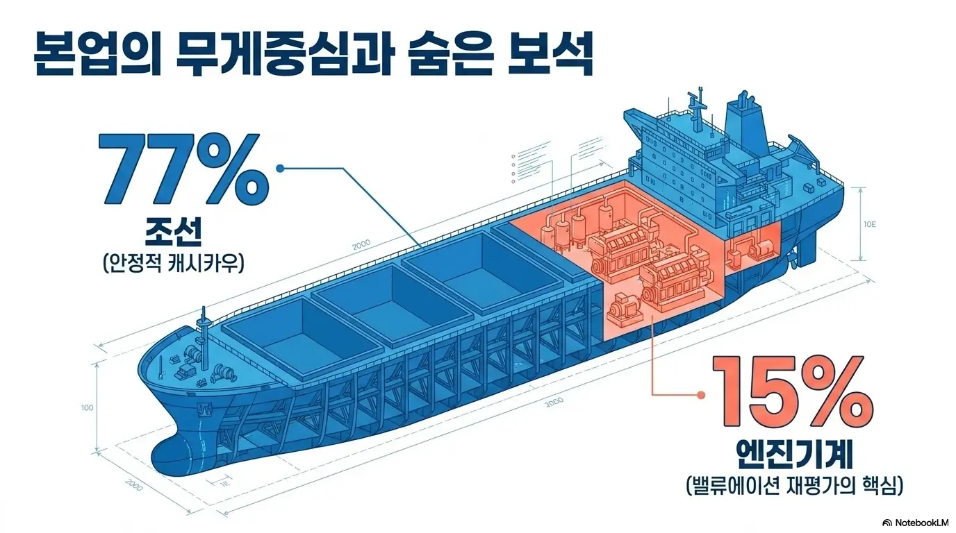 HD현대중공업 주가 전망: 선박 단면으로 HD현대중공업 사업 구조를 나타낸 인포그래픽. 조선이 매출의 77퍼센트로 안정적 캐시카우 역할을 하고&amp;#44; 엔진기계가 15퍼센트로 밸류에이션 재평가의 핵심임을 시각적으로 보여주는 2026년 1분기 연결 기준 매출 비중 자료. 