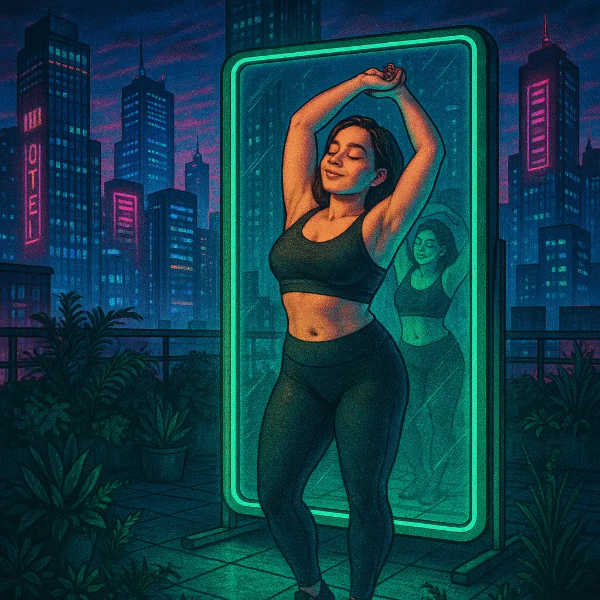 새벽 도심 옥상에서 네온 거울 앞 스트레칭하는 여성 모습