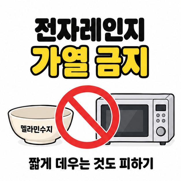 멜라민수지 그릇과 전자레인지 사이의 붉은 금지 표시로 가열 금지와 짧게 데우는 것도 피하라는 안내