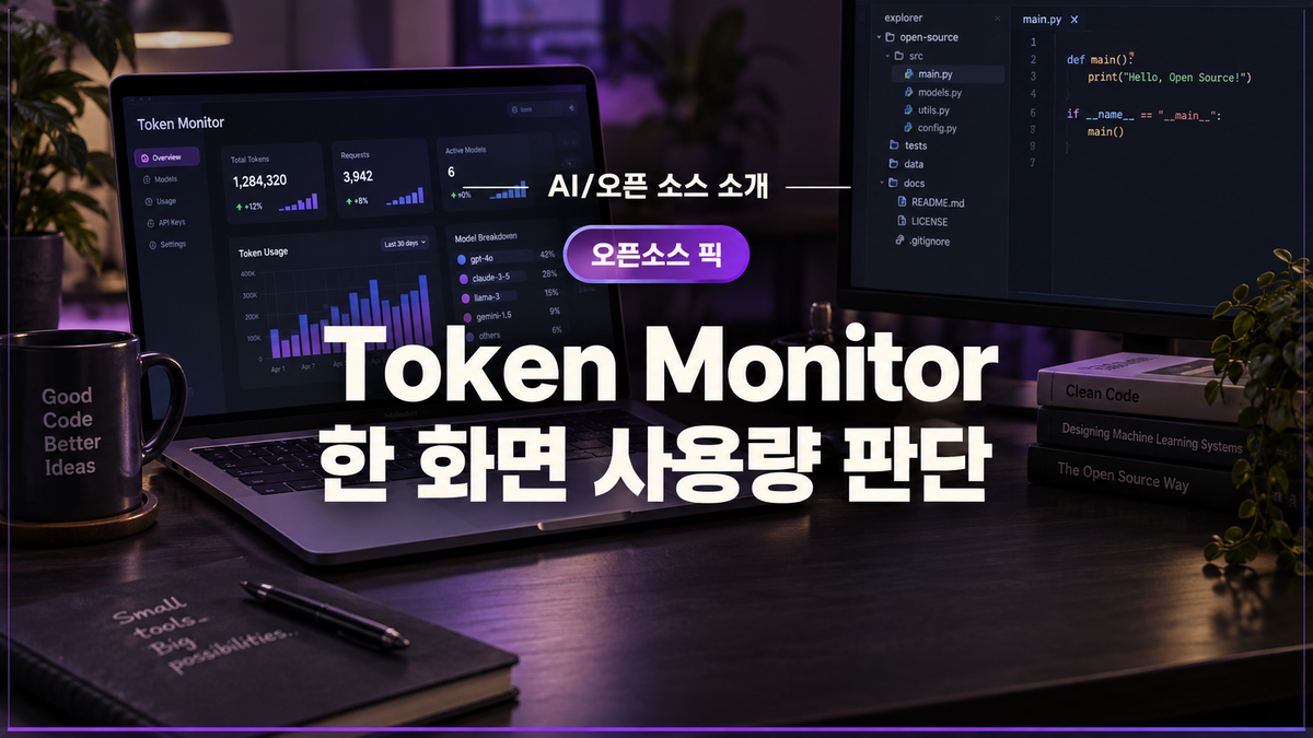 Token Monitor 대표 이미지: Codex·Claude Code·Hermes 사용량을 한 화면에서 판단하는 코딩 작업 공간