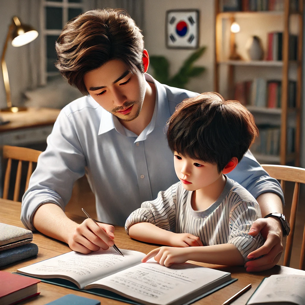 식탁에서 아이의 숙제를 도와주는 한국인 아빠의 하이퍼리얼리즘 장면. 아빠는 노트에 손가락으로 가리키며 아이는 집중해서 듣고 있고&amp;#44; 주변에는 책과 문구류가 흩어져 있어 집중적이고 지원적인 분위기를 연출