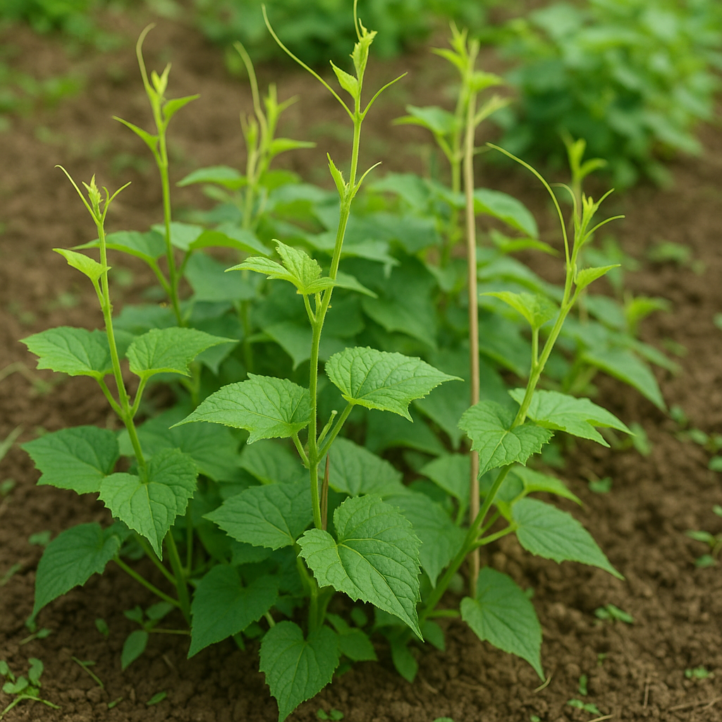 밭에서 자라는 어린 돌외순 덩굴