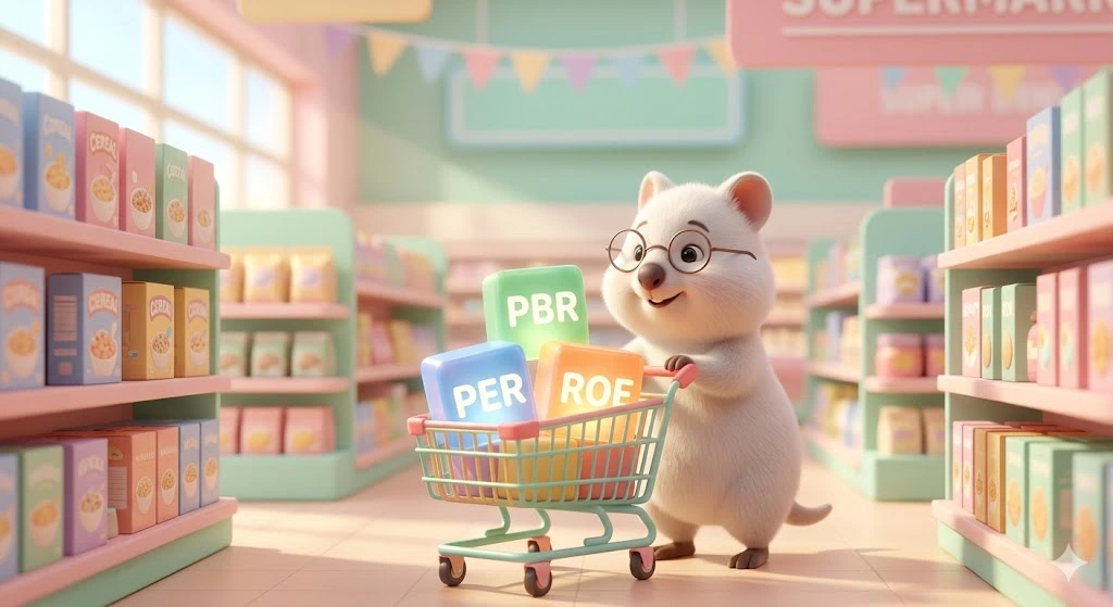쇼핑 카트에 PER, PBR, ROE라고 적힌 알록달록한 블록을 가득 담고 있는 귀여운 백쿼카 일러스트. 주식 초보가 좋은 주식의 가성비 지표를 고르는 모습을 비유함