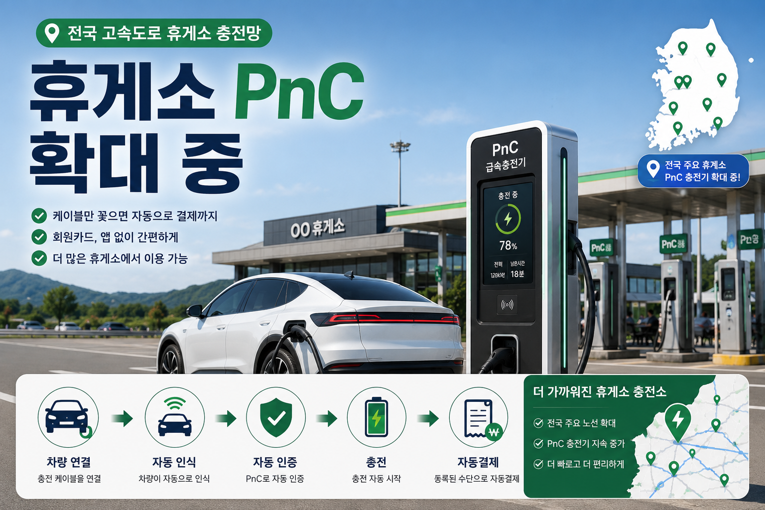 고속도로 휴게소에서 PnC 전기차 자동결제를 이용하는 모습