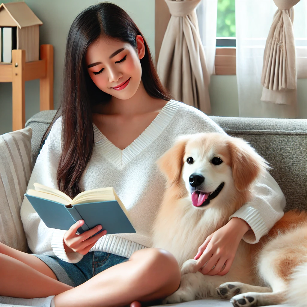 소파에서 주인과 함께 쉬는 반려견 &ndash; 보호자가 소파에서 책을 읽으며 반려견을 쓰다듬고 있는 편안하고 아늑한 장면