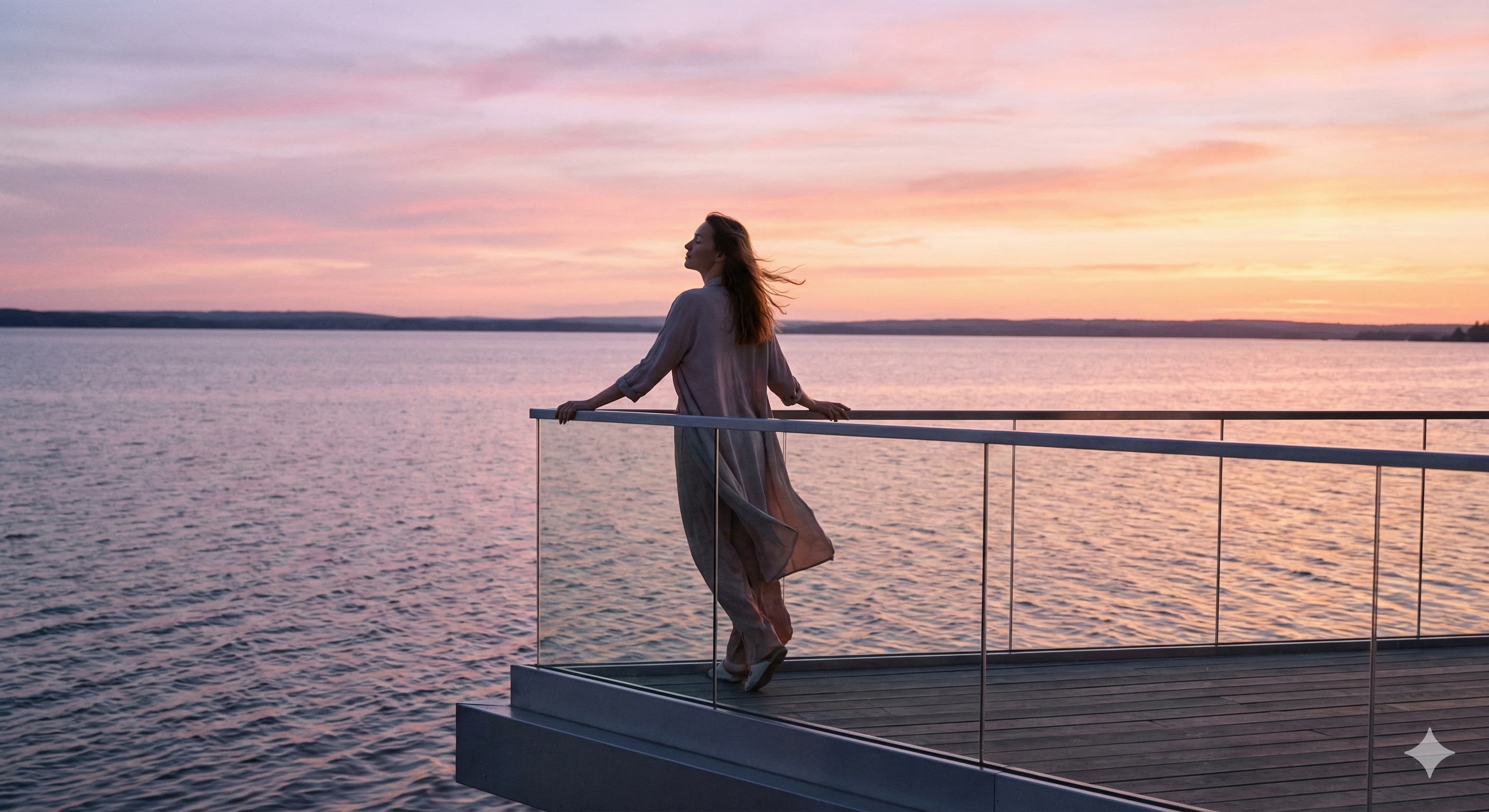 노을이 지는 아름다운 호수 공원의 모던 데크에 기대어, 눈을 감고 편안한 바람을 느끼는 여성의 평화로운 실루엣