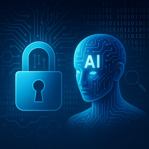 AI 기반 사이버보안 기술을 상징하는 디지털 보안 아이콘과 인공지능 실루엣 일러스트