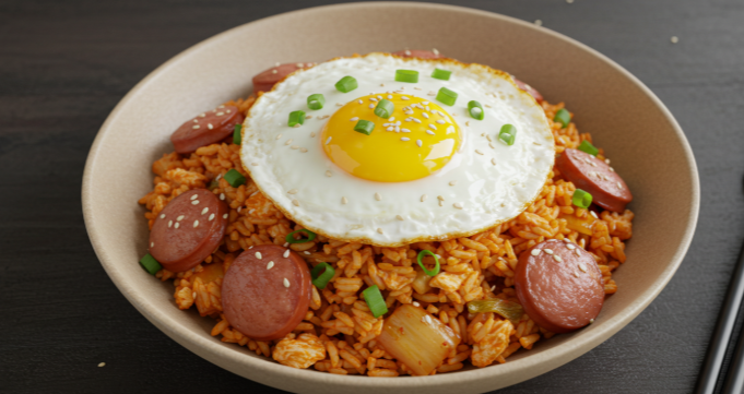 완성된 소세지 김치볶음밥 위에 반숙 계란이 올려진 모습