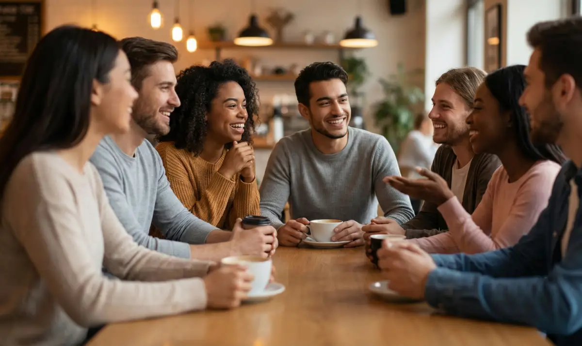 다양한 배경을 가진 친구들이 카페에 모여 즐겁게 대화하며 서로의 성격을 이해하는 모습
