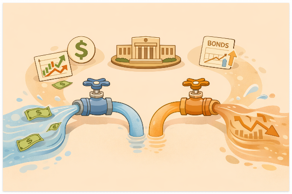 연준의 유동성 공급과 회수가 시장 분위기를 바꾸는 장면을 표현한 일러스트