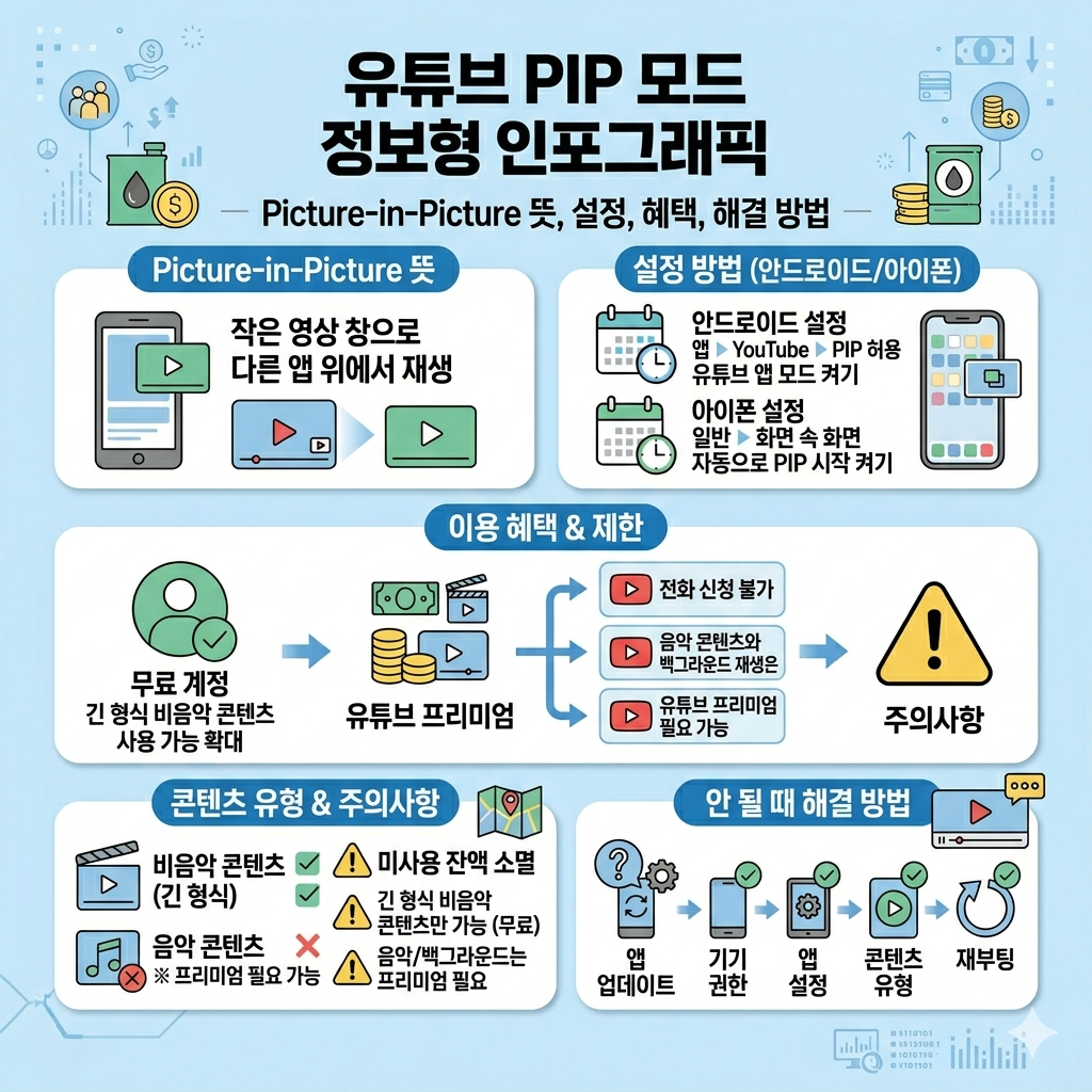 유튜브 PIP 모드 설정 방법 아이폰&middot;안드로이드&middot;PC 사용법과 안 될 때 해결법 인포그래픽