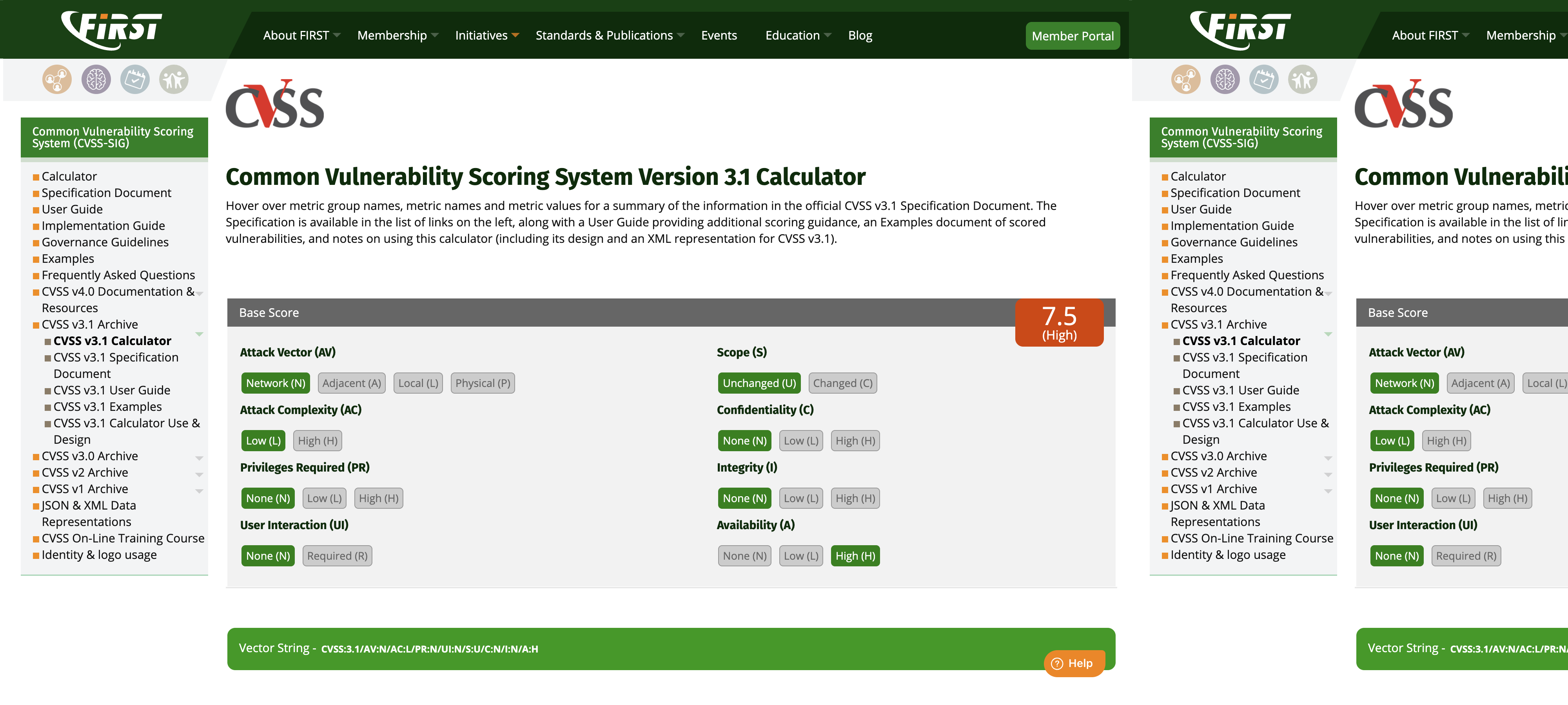 FIRST.org CVSS v3.1 계산기 &mdash; 실제 제보에 쓴 벡터로 7.5(High) 산출