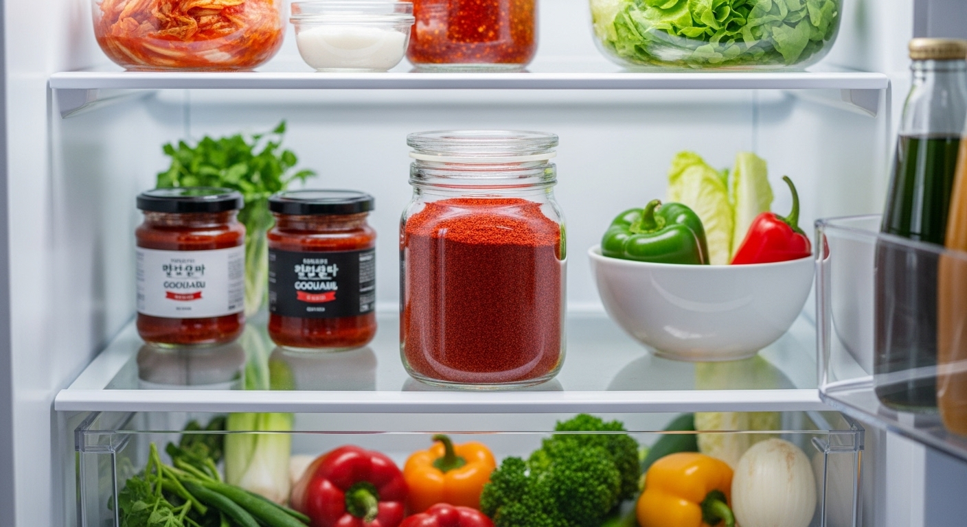 신선한 고추가루가 투명한 밀폐 유리 용기에 담겨 냉장고 안에 깔끔하게 보관되어 있는 모습. 고추가루의 선명한 붉은색이 돋보이며 위생적인 보관 상태를 보여줍니다.