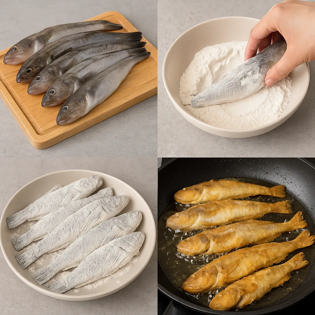 망둥어 튀김을 만드는 과정 4단계 순서