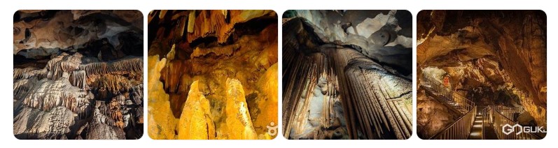 충청북도 단양 고수동굴 내부의 석회암 생성물과 종유석 풍경