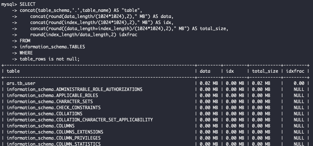 2. 테이블(Table)별 용량 확인