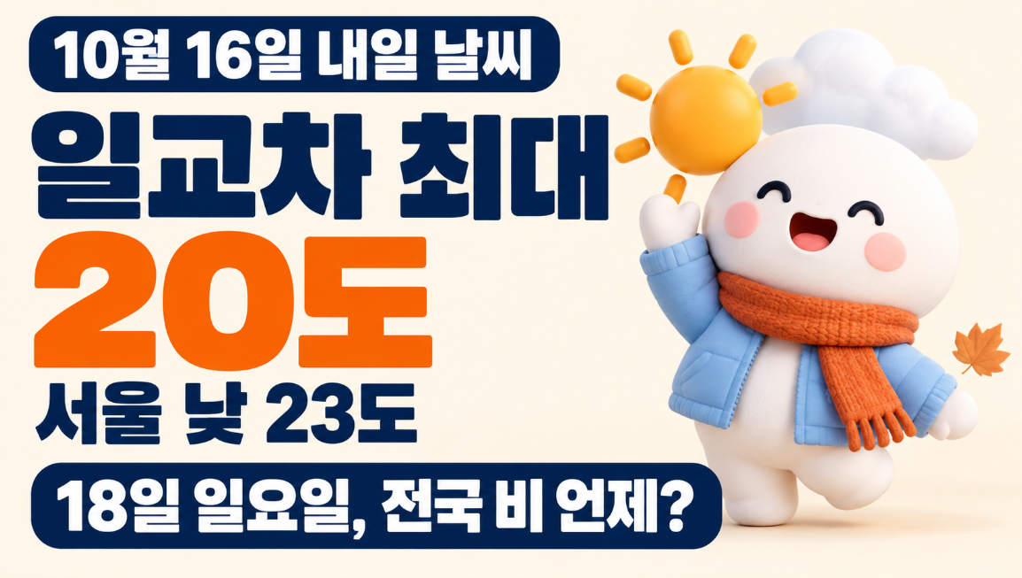 10월 16일 내일 날씨 총정리｜일교차 최대 20도&middot;서울 23도&middot;18일 일요일 전국 비 언제 올까?