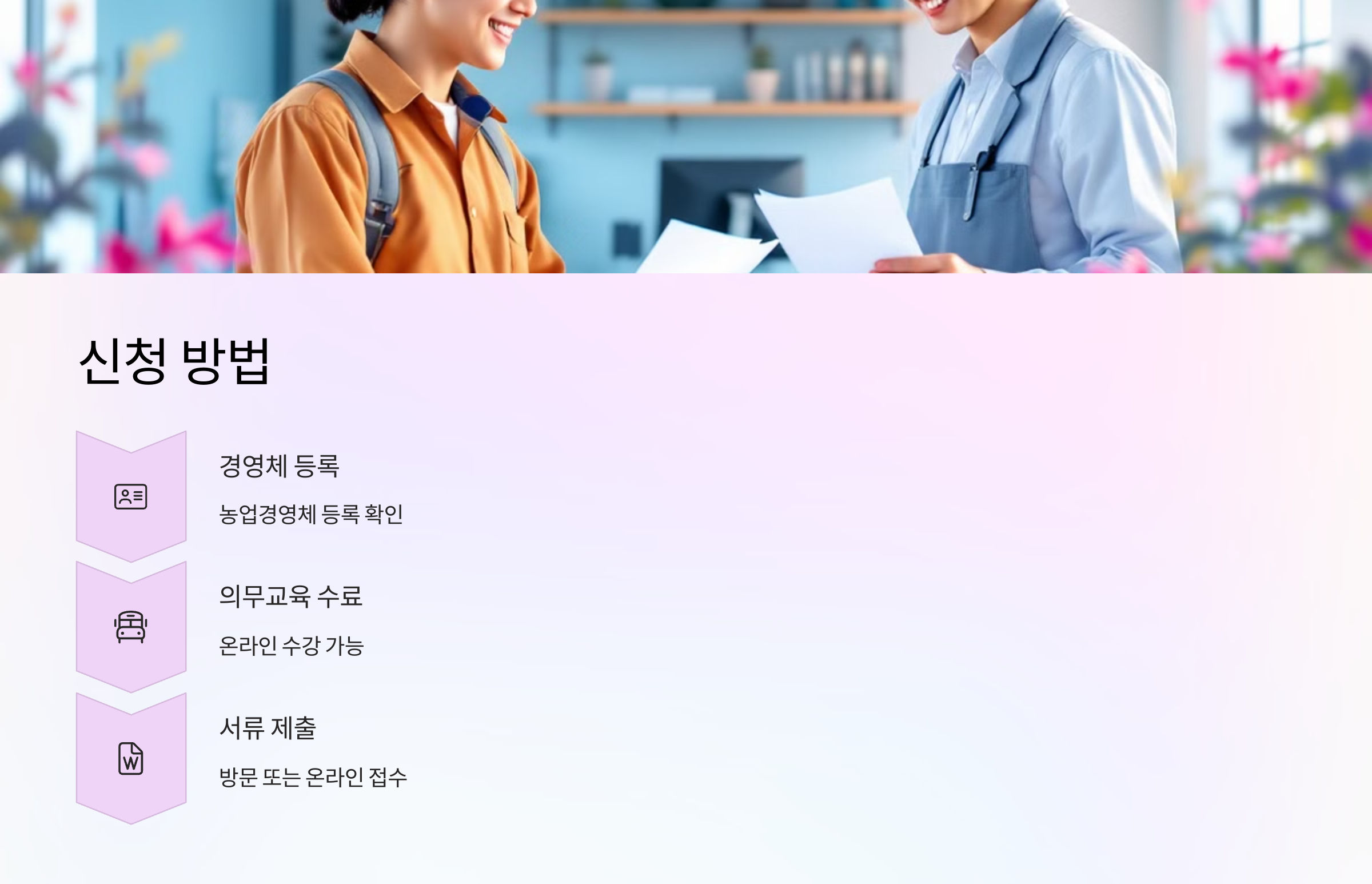 경영체 등록 → 의무교육 수료 → 서류 제출 순서로 진행됩니다.