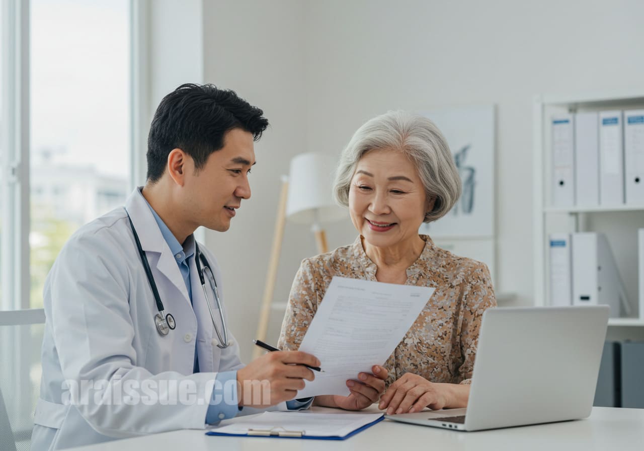 의사와 당뇨 관리 및 의료비 지원에 대해 상담하는 모습