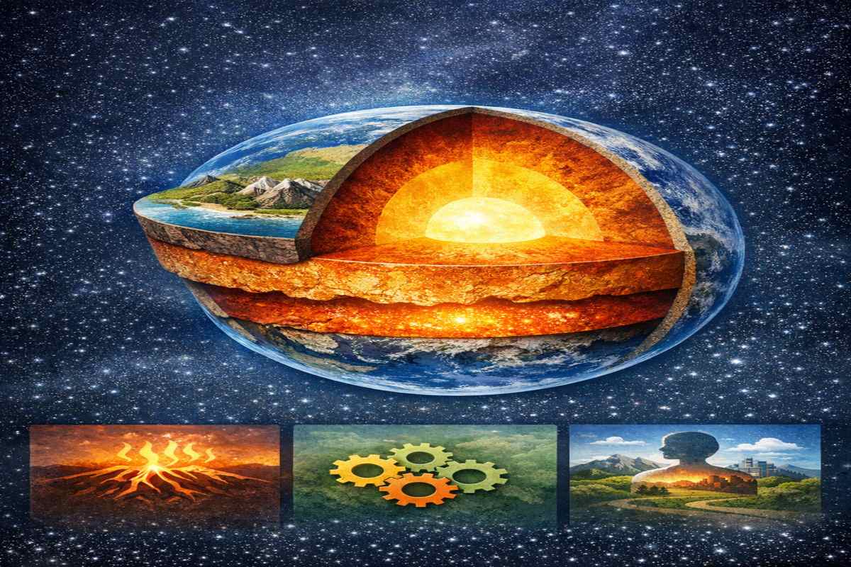 지각과 맨틀, 핵으로 이루어진 지구 내부 구조를 상징적으로 표현한 단면 이미지