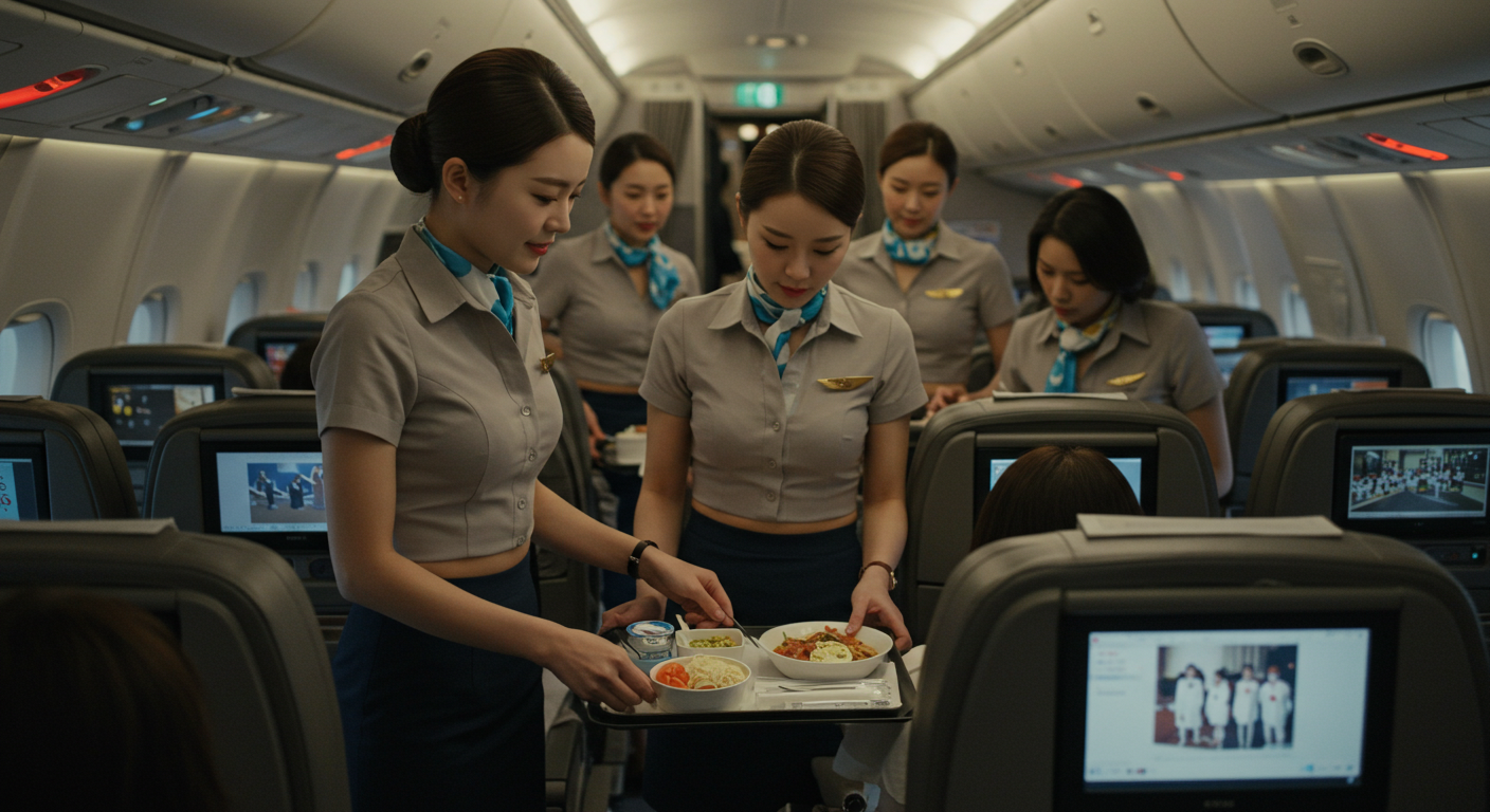 기내식을 준비하는 승무원들