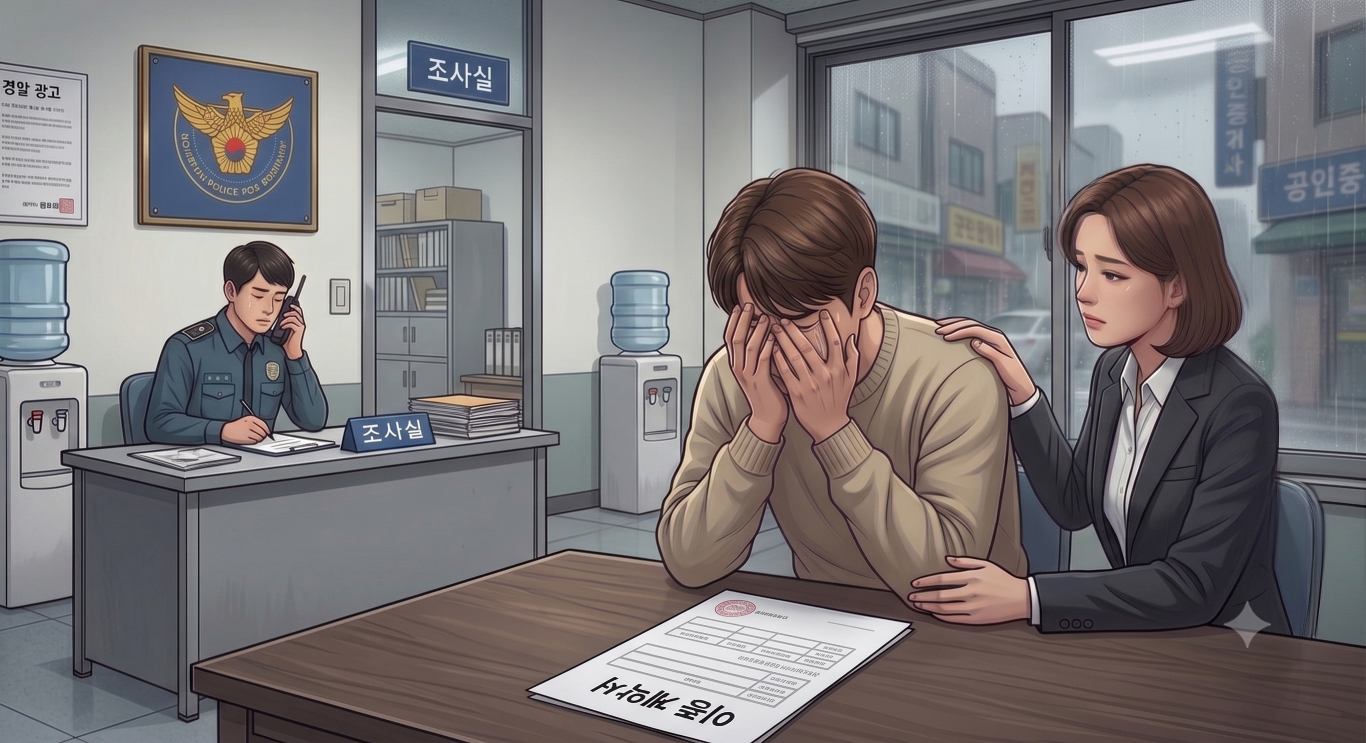 임대인의 대리인과 계약후 이중계약으로 피해를 보고 경찰서로 신고하러온 임차인을 표현한 이미지
