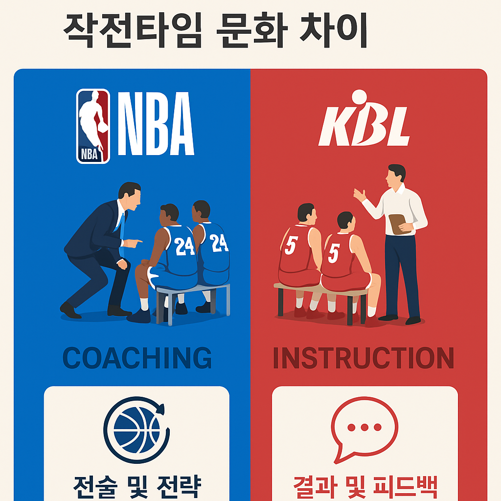 NBA와 KBL 작전타임 문화 차이를 시각적으로 비교한 인포그래픽