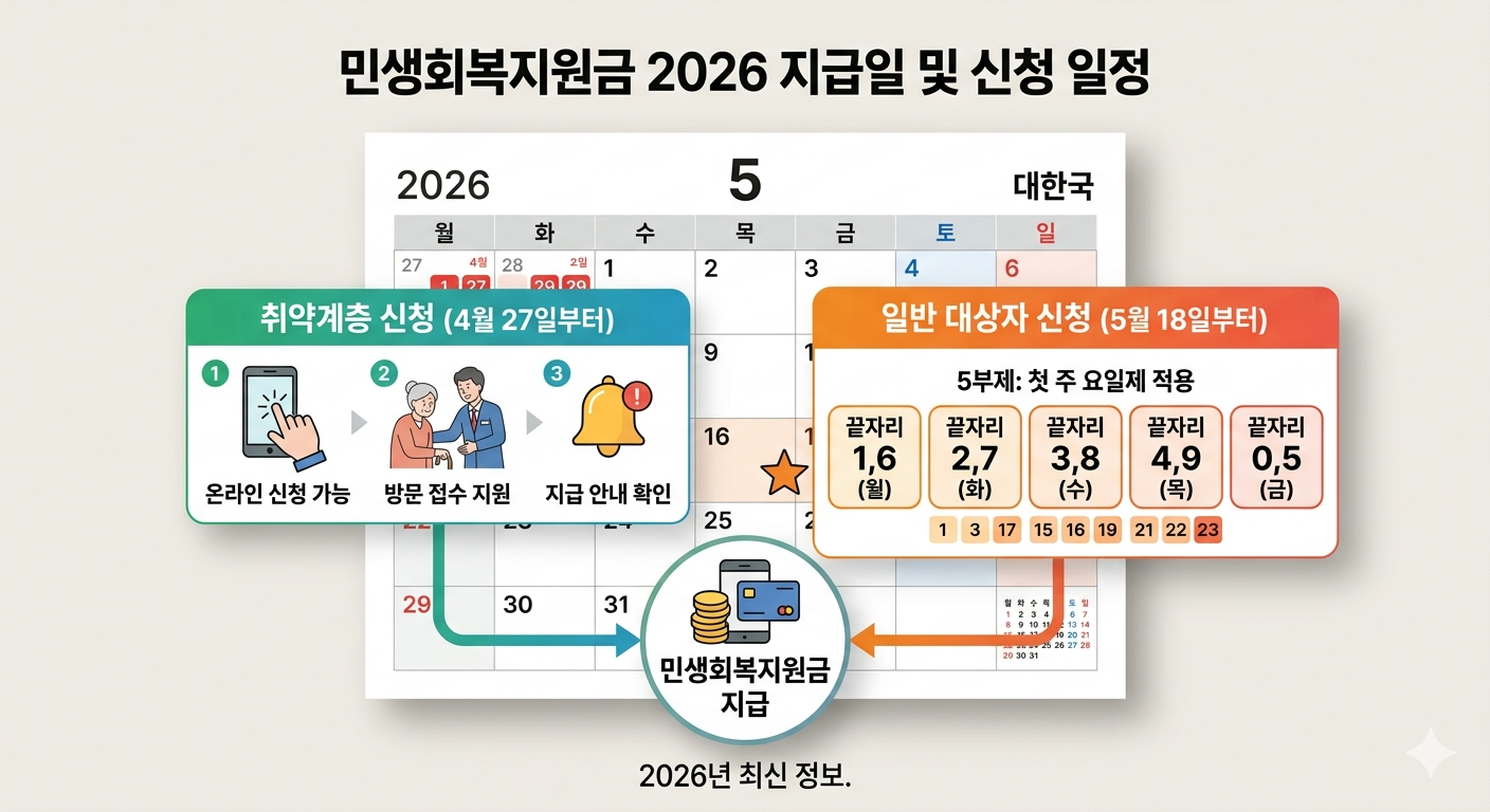 2026년 민생회복지원금 취약계층 및 일반 대상자별 신청 시작일과 5부제 일정을 보여주는 안내 이미지