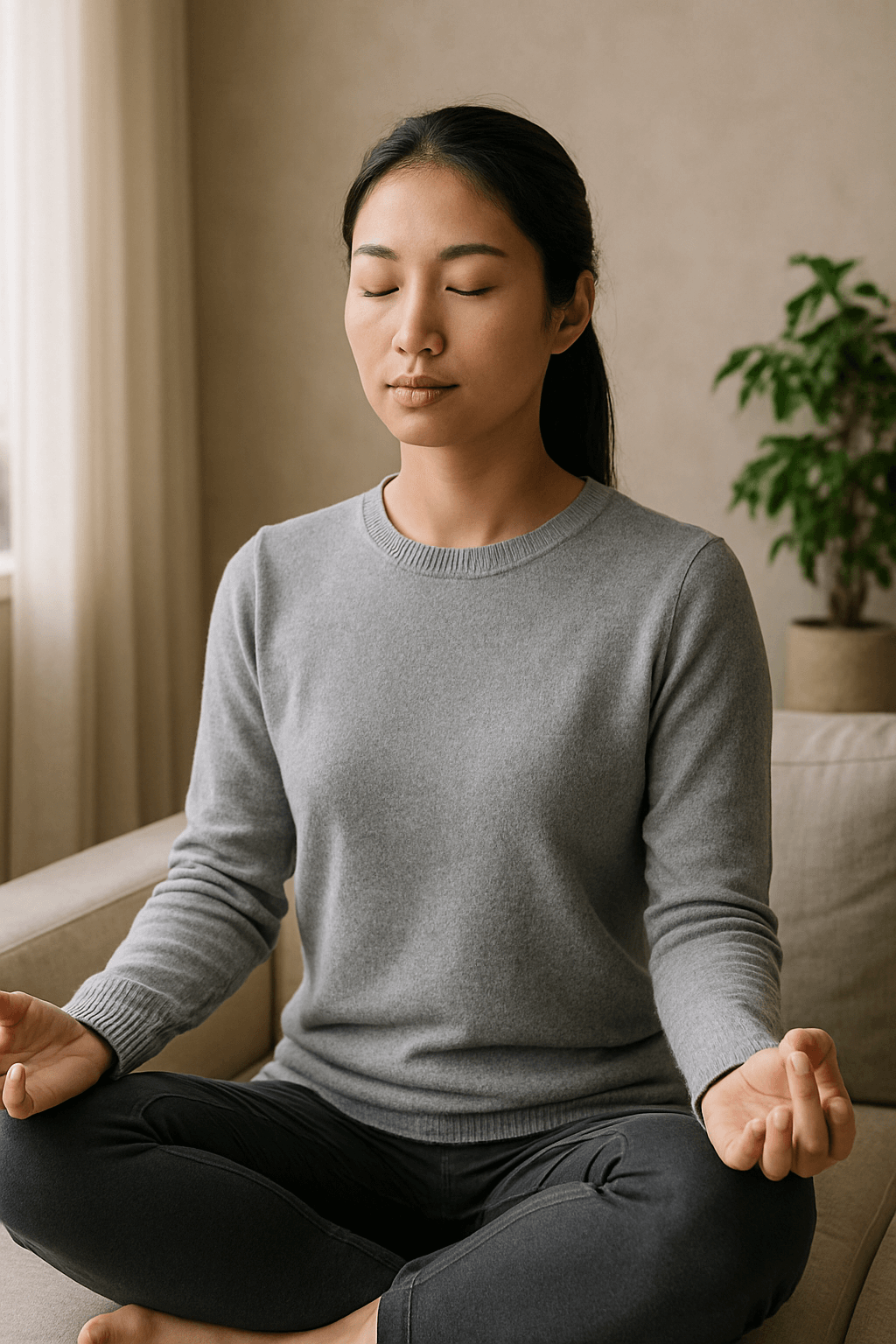 편안한 자세로 명상에 집중하고 있는 젊은 한국인 여성